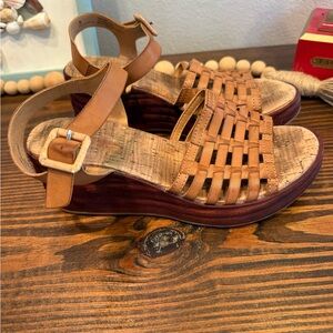 Korks Tan Woven Leather Cork Wedge Sandals 7M Boho Resort Marley Brown